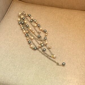 LONG SILVER CHAIN LINK MULTI-STRAND NECKLACE, WITH MEDIUM SIZE BEADS